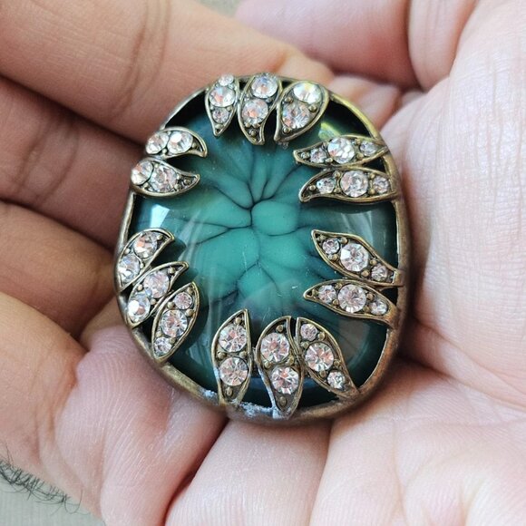 Jewelry - Women Ring Big Face Statement Ring Bronze Tone Green Faux Stone Fashion Jewelry